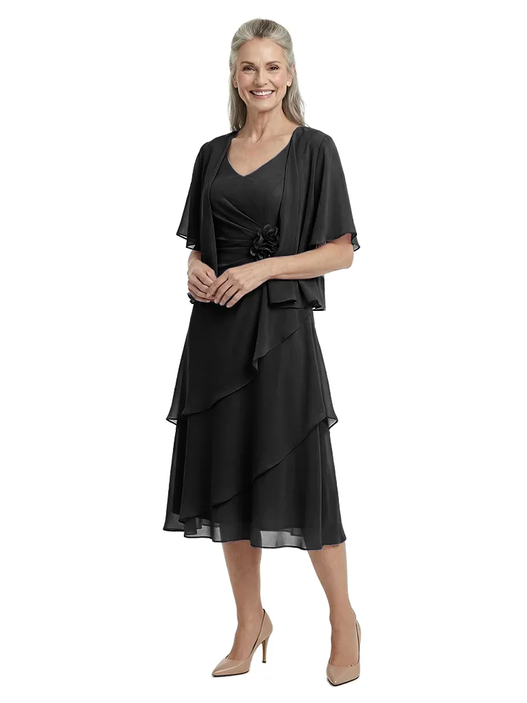 ChicSew Fancy Ruched A-Line V-Neck Mother Of The Bride Tea-Length Dress Half Sleeve Chiffon sold by ChicSew product image thumbnail 4