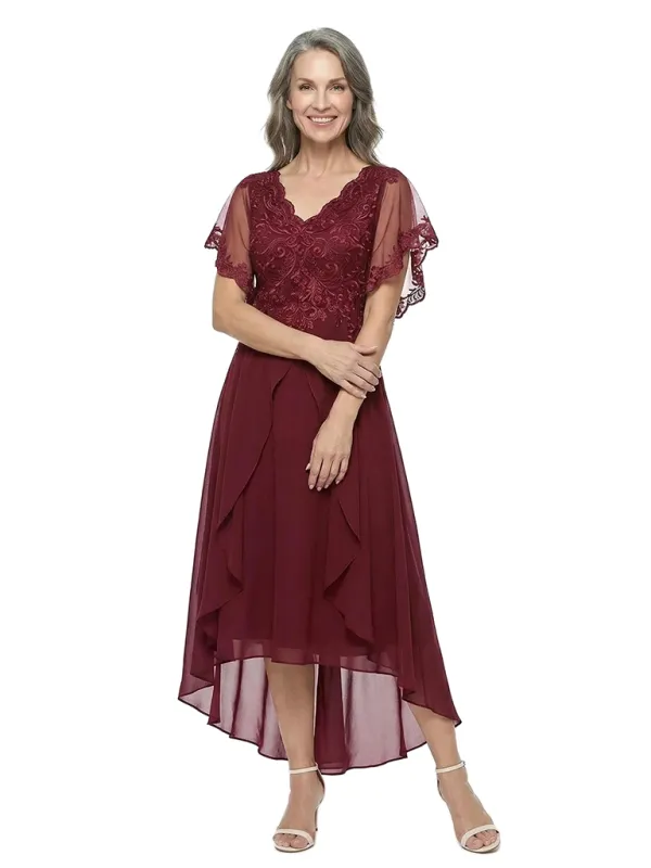 ChicSew Modern High-Low Chiffon A-Line Mother Of The Bride Dresses Flutter Sleeves Lace V-Neck Gown made by ChicSew