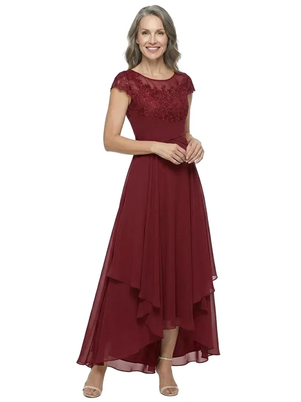 ChicSew Fancy Chiffon Lace Scoop A-Line Mother Of The Groom Dresses Cap Sleeves High-Low Cut made by ChicSew