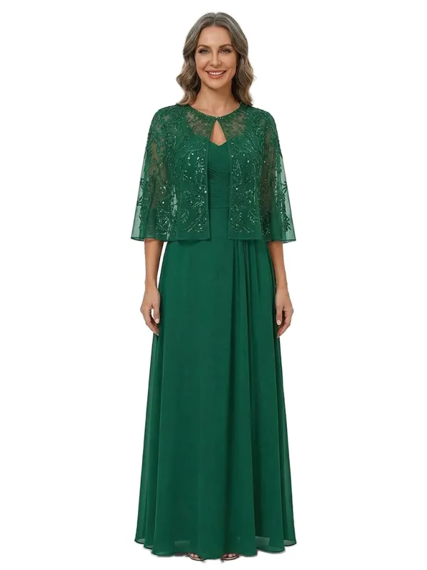 ChicSew Beaded Lace Cape Jacket Ruched Waist Floor Length Chiffon Two Piece Mother of the Bride Dresses made by ChicSew