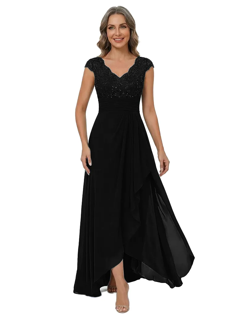 ChicSew Cap Sleeve Lace Beaded Ruched Waist High Low Chiffon Mom Of The Groom Dresses sold by ChicSew product image thumbnail 4