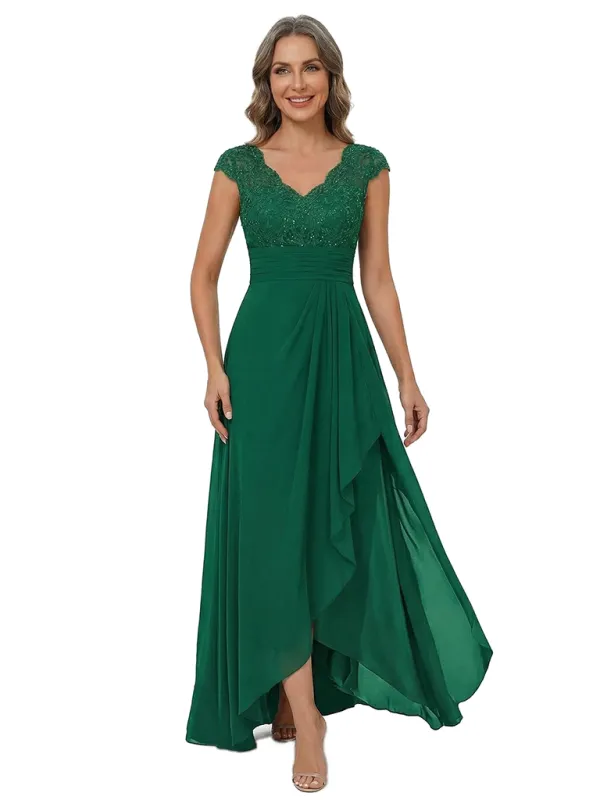ChicSew Cap Sleeve Lace Beaded Ruched Waist High Low Chiffon Mom Of The Groom Dresses made by ChicSew