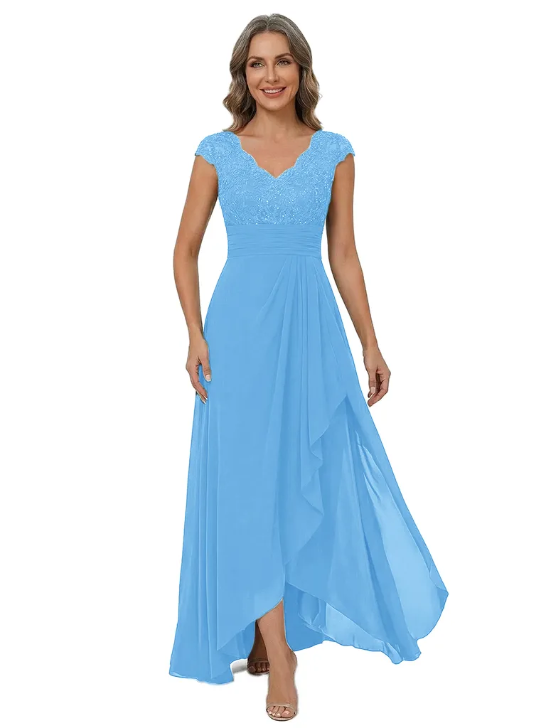 ChicSew Cap Sleeve Lace Beaded Ruched Waist High Low Chiffon Mom Of The Groom Dresses sold by ChicSew product image thumbnail 5