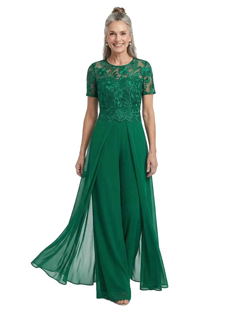 ChicSew Jewel Short Sleeve Lace Bodice Walk Through Jumpsuit For Mother of the Bride Dress sold by ChicSew