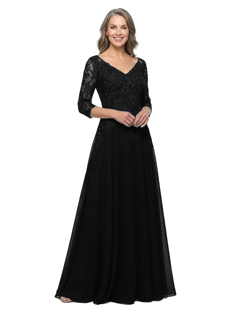 ChicSew V-Neck 3/4 Sleeve Lace Applique Ruched Waist Floor Length Chiffon Sophisticated Mother Of The Bride And Groom Dresses sold by ChicSew product image thumbnail 4