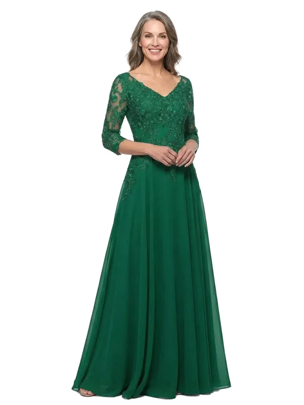 ChicSew V-Neck 3/4 Sleeve Lace Applique Ruched Waist Floor Length Chiffon Sophisticated Mother Of The Bride And Groom Dresses made by ChicSew