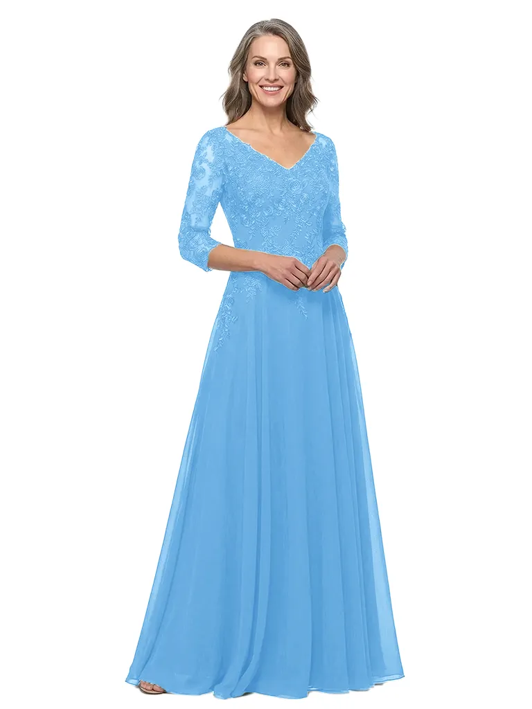 ChicSew V-Neck 3/4 Sleeve Lace Applique Ruched Waist Floor Length Chiffon Sophisticated Mother Of The Bride And Groom Dresses sold by ChicSew product image thumbnail 5