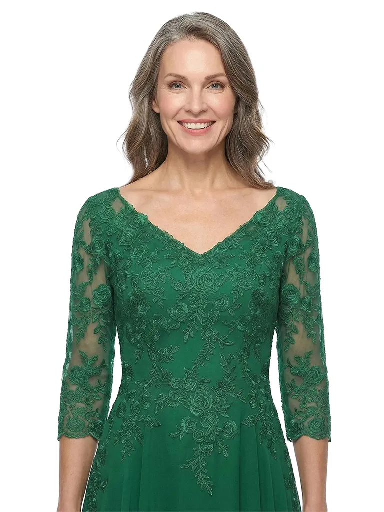 ChicSew V-Neck 3/4 Sleeve Lace Applique Ruched Waist Floor Length Chiffon Sophisticated Mother Of The Bride And Groom Dresses sold by ChicSew product image thumbnail 2
