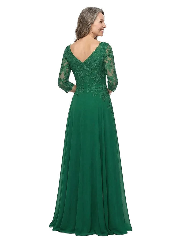 ChicSew V-Neck 3/4 Sleeve Lace Applique Ruched Waist Floor Length Chiffon Sophisticated Mother Of The Bride And Groom Dresses sold by ChicSew product image thumbnail 3