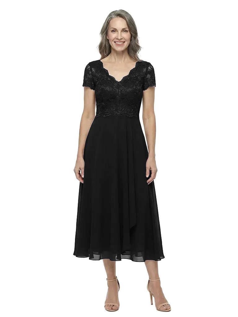 ChicSew Classy Lace Bodice Chiffon Mother Of The Groom Dresses V-Neck Short Sleeves Midi Party Wear sold by ChicSew product image thumbnail 4