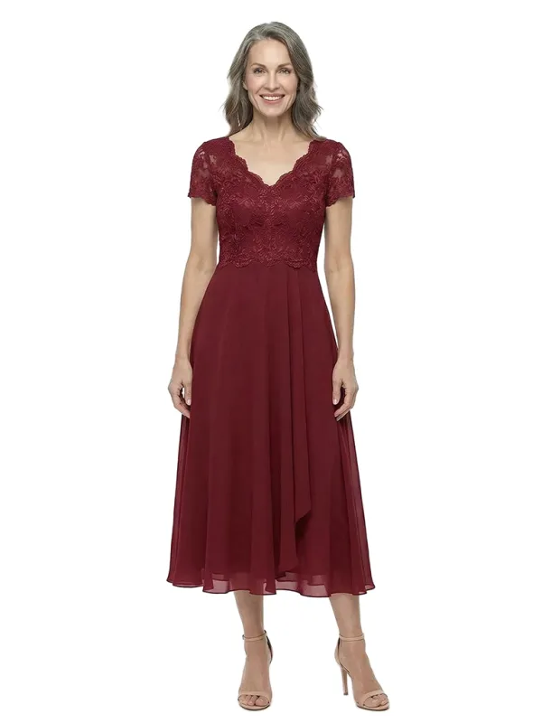 ChicSew Classy Lace Bodice Chiffon Mother Of The Groom Dresses V-Neck Short Sleeves Midi Party Wear made by ChicSew