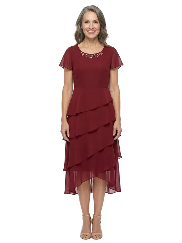 ChicSew Jewel Short Sleeve Beaded Neckline Layered Ruffle High Low Hem Tea Length Chiffon Casual Mother Of The Bride Dresses made by ChicSew