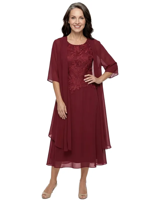ChicSew Jewel 3/4 Sleeve Chiffon Jacket Lace Applique Tea Length Chiffon Sophisticated Mother Of The Bride And Groom Dresses made by ChicSew