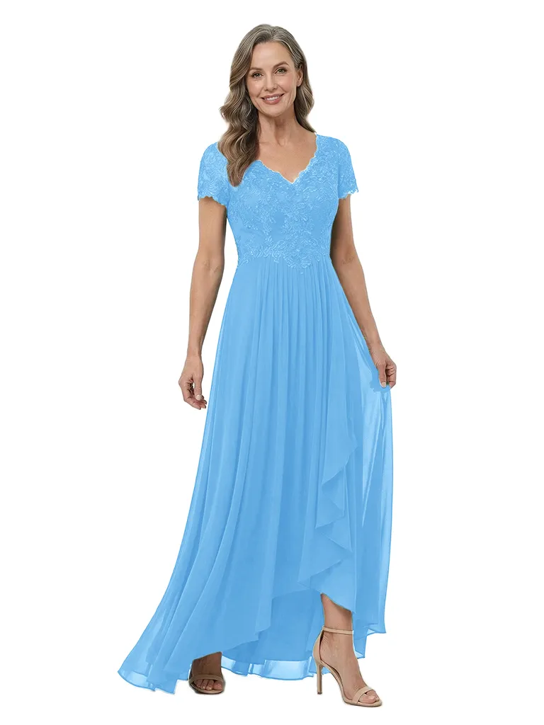 ChicSew V-Neck Short Sleeve Lace Ruched Waist High Low Hem Floor Length Chiffon Elegant Mother of the Bride Dresses sold by ChicSew product image thumbnail 5