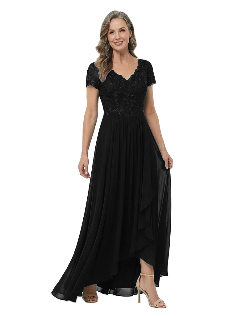ChicSew V-Neck Short Sleeve Lace Ruched Waist High Low Hem Floor Length Chiffon Elegant Mother of the Bride Dresses sold by ChicSew product image thumbnail 4