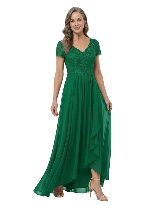 ChicSew V-Neck Short Sleeve Lace Ruched Waist High Low Hem Floor Length Chiffon Elegant Mother of the Bride Dresses made by ChicSew
