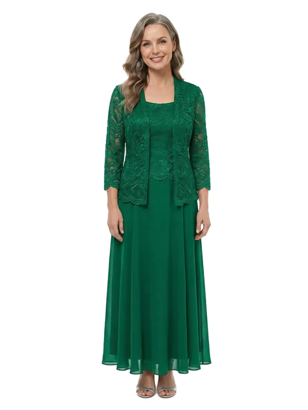 ChicSew Square Neck 3/4 Sleeve Lace Jacket Ankle Length Chiffon Two Piece Mother of the Bride Dresses made by ChicSew