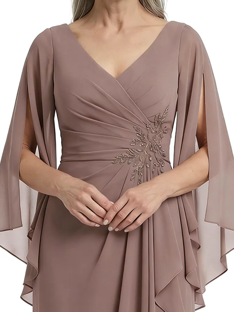 ChicSew Unique V-Neck Ruffle Chiffon Mother Of The Bride Dresses Long Sleeves Sheath Gown sold by ChicSew product image thumbnail 2