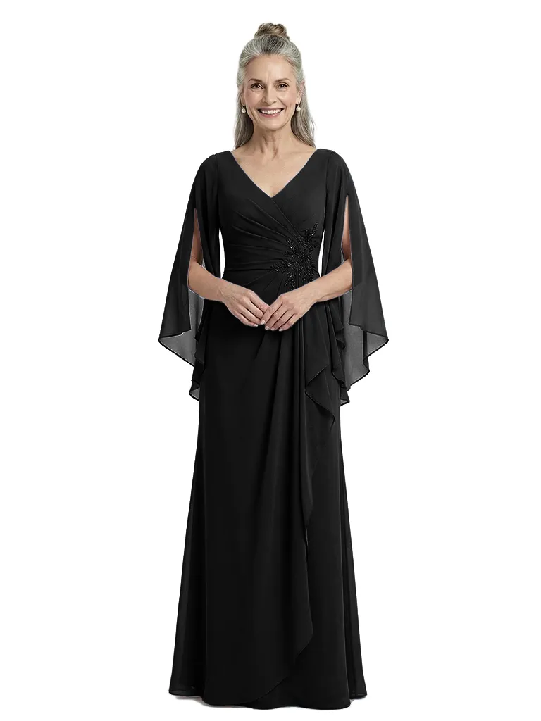 ChicSew Unique V-Neck Ruffle Chiffon Mother Of The Bride Dresses Long Sleeves Sheath Gown sold by ChicSew product image thumbnail 4