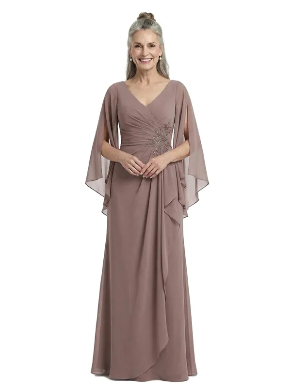 ChicSew Unique V-Neck Ruffle Chiffon Mother Of The Bride Dresses Long Sleeves Sheath Gown made by ChicSew