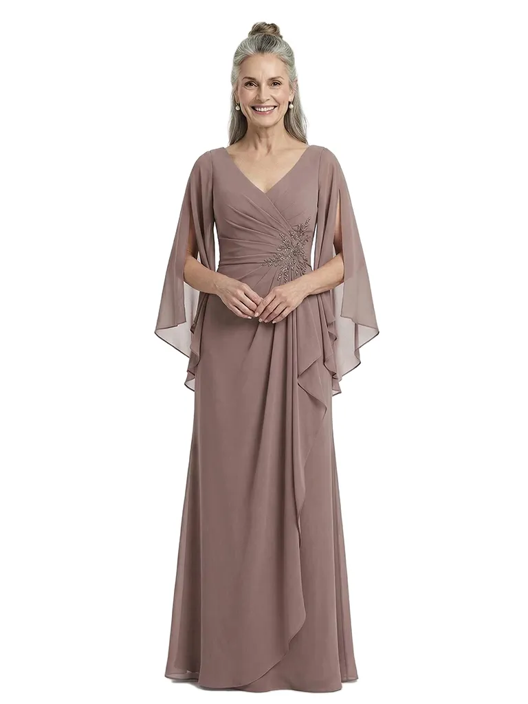 ChicSew Unique V-Neck Ruffle Chiffon Mother Of The Bride Dresses Long Sleeves Sheath Gown sold by ChicSew