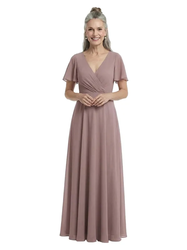 ChicSew Pretty Flutter Sleeves V-Neck Chiffon Ruched A-Line Mother Of The Bride Wedding Dresses made by ChicSew