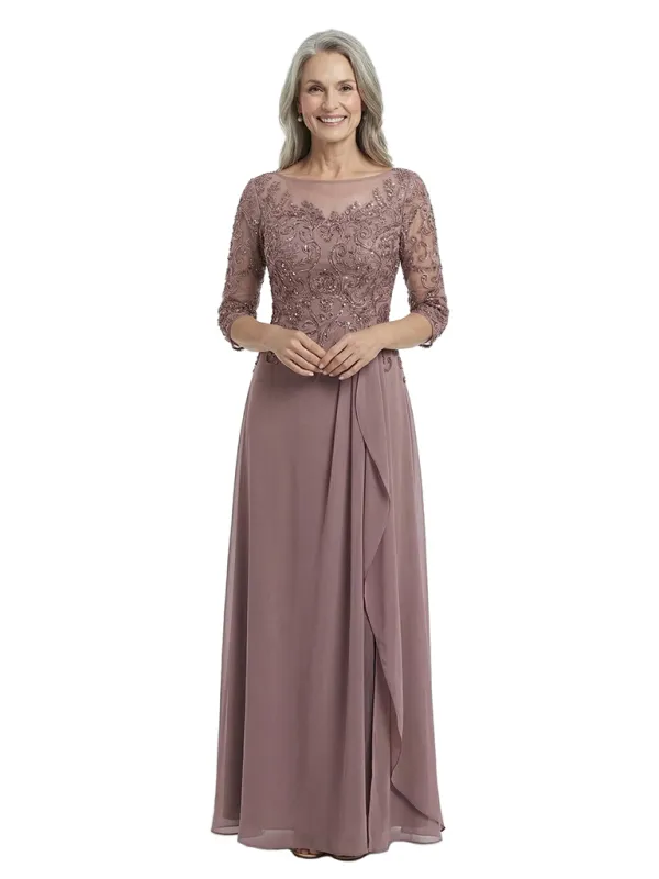 ChicSew Beautiful Illusion Lace 3/4 Sleeves Chiffon Long Mother Of The Bride Dresses With Ruffle made by ChicSew
