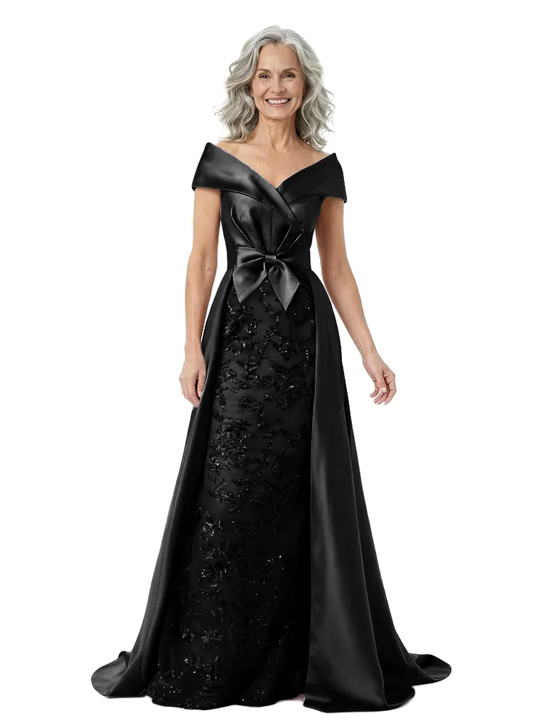 ChicSew Unique V-Neck Bow Waist Floral Lace Silky Satin Mother Of The Bride Dresses With Overskirt sold by ChicSew product image thumbnail 4