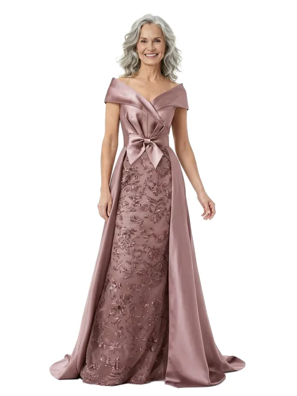 ChicSew Unique V-Neck Bow Waist Floral Lace Silky Satin Mother Of The Bride Dresses With Overskirt made by ChicSew