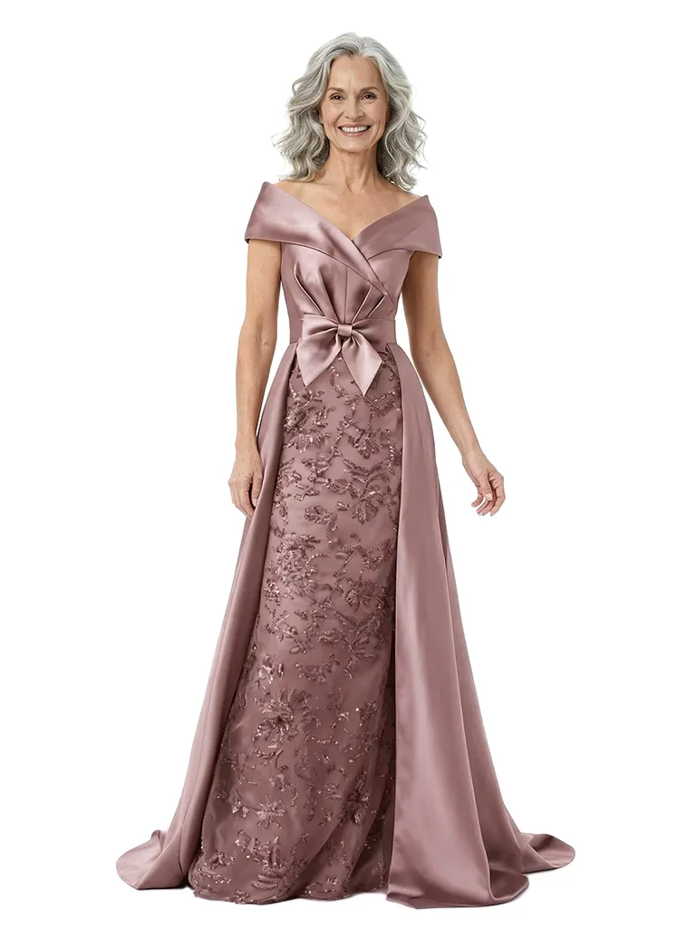 ChicSew Unique V-Neck Bow Waist Floral Lace Silky Satin Mother Of The Bride Dresses With Overskirt sold by ChicSew