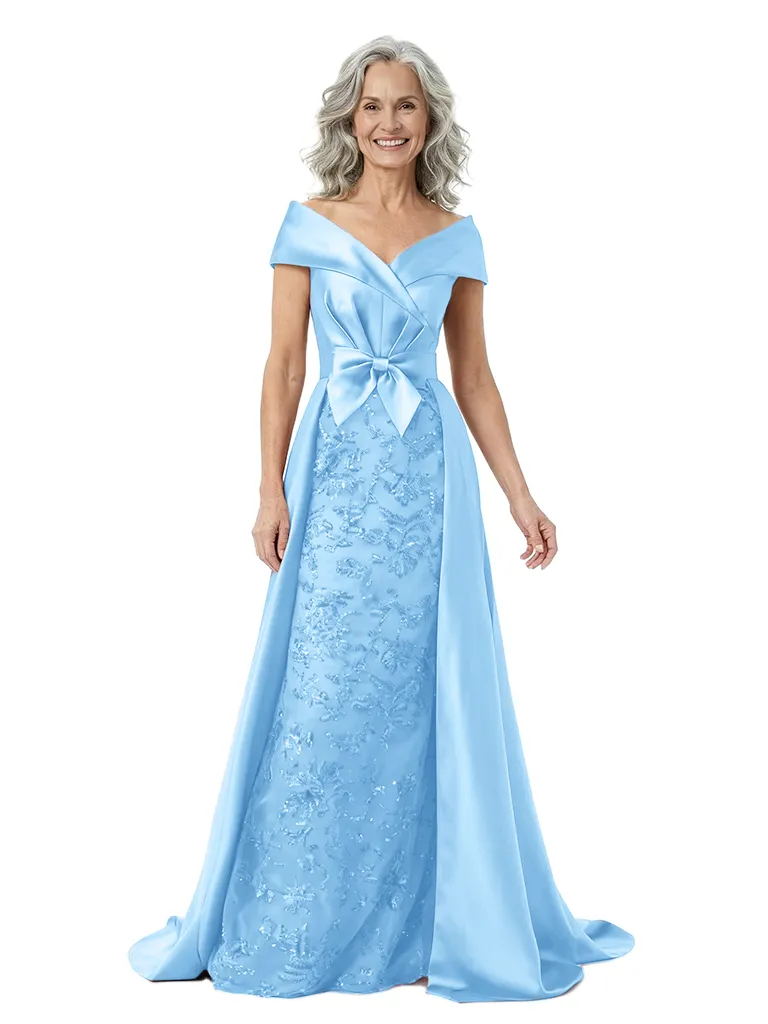 ChicSew Unique V-Neck Bow Waist Floral Lace Silky Satin Mother Of The Bride Dresses With Overskirt sold by ChicSew product image thumbnail 5