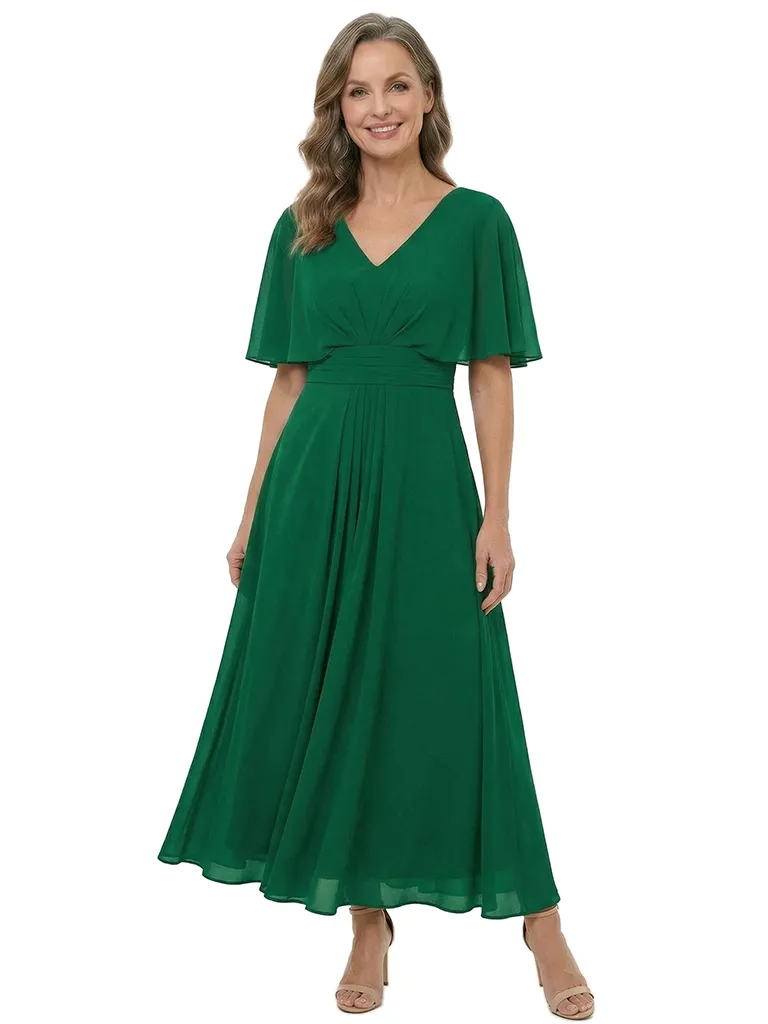 ChicSew V-Neck Flutter Sleeve A-Line Tea Length Chiffon Fancy Mother of the Bride Dresses sold by ChicSew