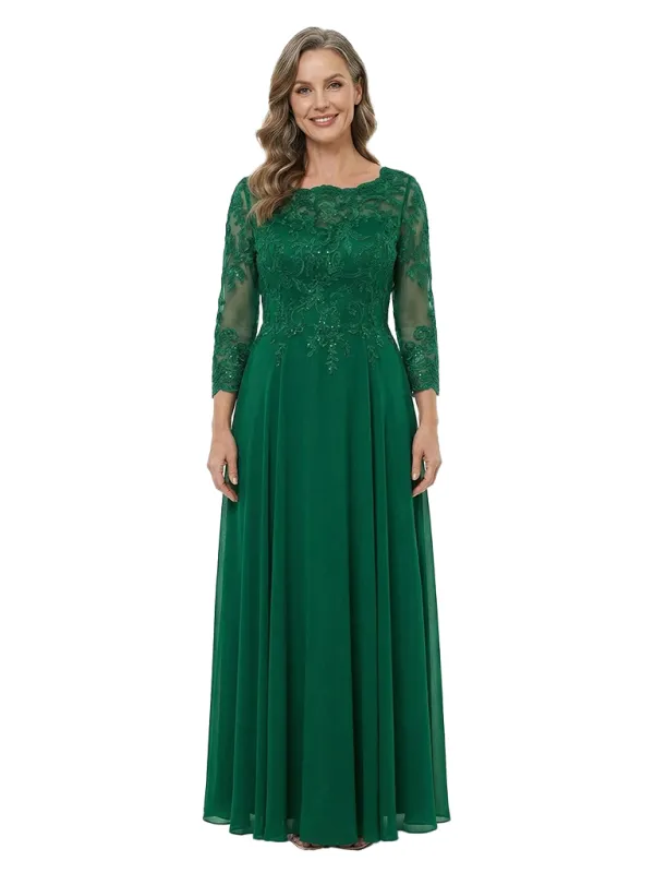 ChicSew Round Neck 3/4 Sleeve Beaded Lace Applique Floor Length Chiffon Sophisticated Mother Of The Bride And Groom Dresses made by ChicSew