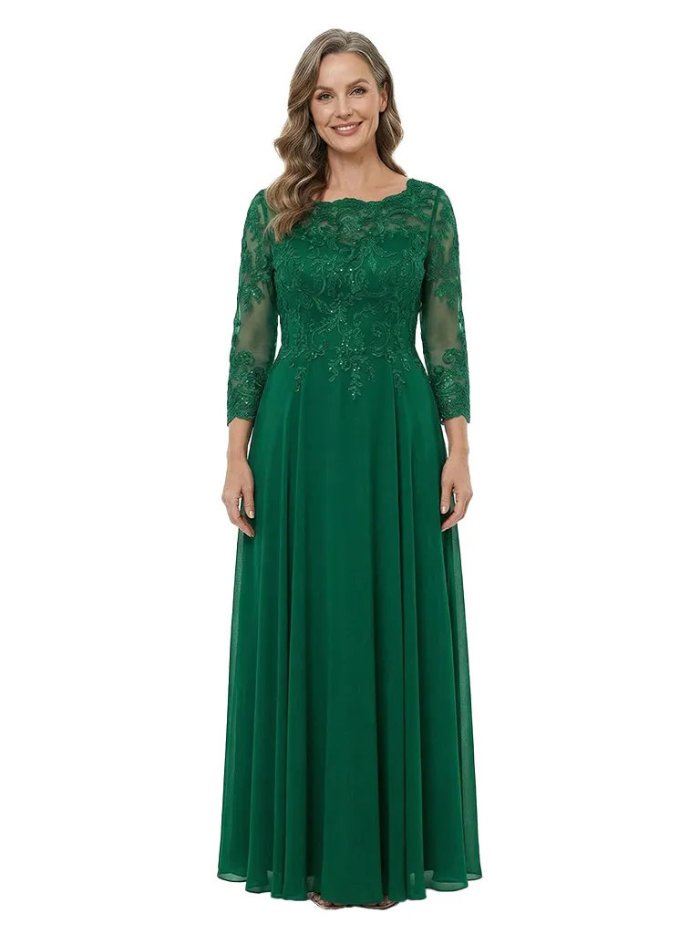 ChicSew Round Neck Long Sleeve Beaded Lace Applique Floor Length Chiffon Mother Of The Bride And Groom Dresses sold by ChicSew