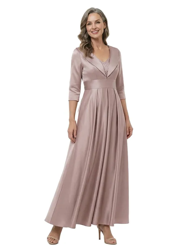 ChicSew V-Neck 3/4 Sleeve Soft Satin A-Line Ankle-Length Mother of the Bride Dresses made by ChicSew