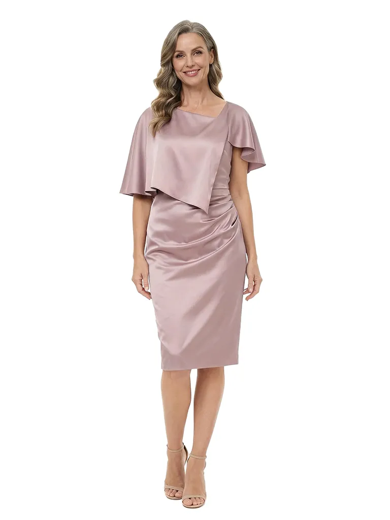 ChicSew Fancy Cape Sleeve Asymmetric Silky Satin Sheath Mother Of The Groom Evening Gowns sold by ChicSew