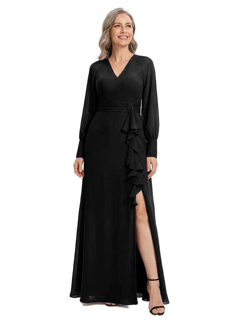 ChicSew Pretty Long Sleeves V-Neck Chiffon Ruffle Side Slit A-Line Mother Of The Bride Wedding Dresses sold by ChicSew product image thumbnail 4