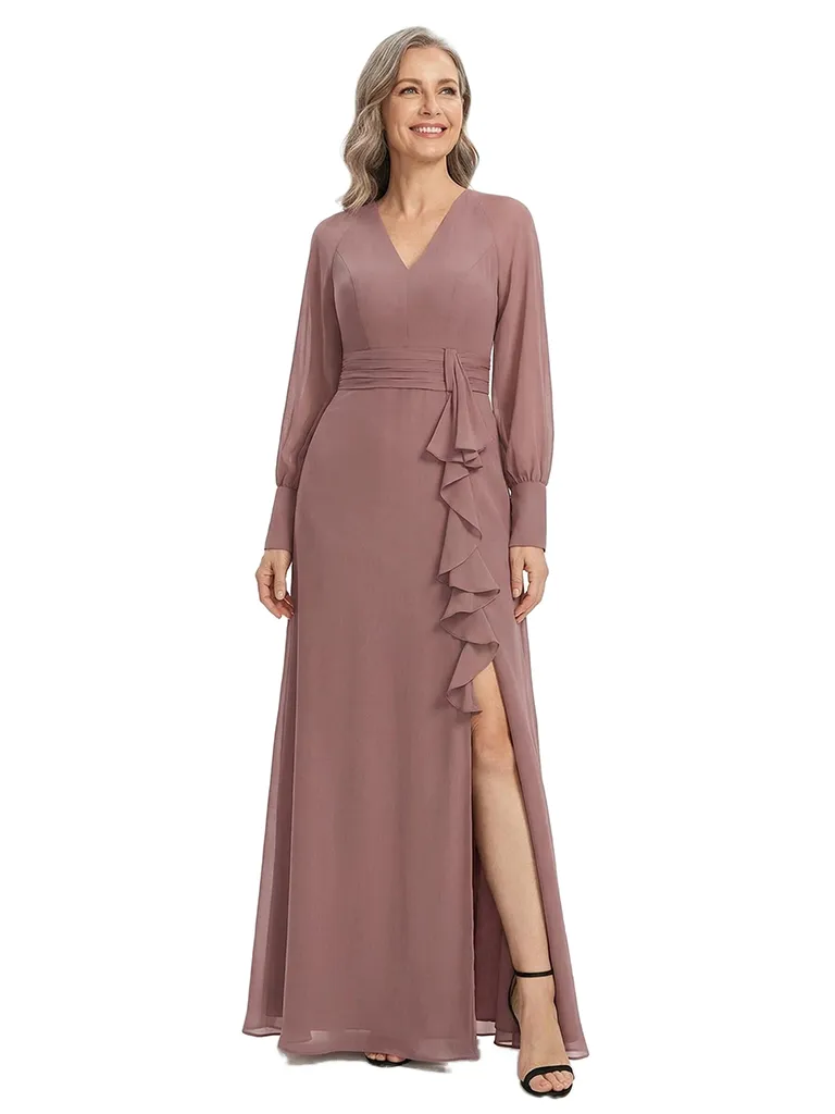 ChicSew Pretty Long Sleeves V-Neck Chiffon Ruffle Side Slit A-Line Mother Of The Bride Wedding Dresses sold by ChicSew