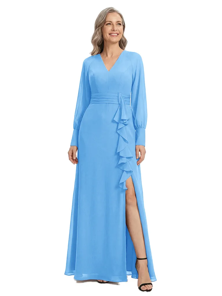 ChicSew Pretty Long Sleeves V-Neck Chiffon Ruffle Side Slit A-Line Mother Of The Bride Wedding Dresses sold by ChicSew product image thumbnail 5