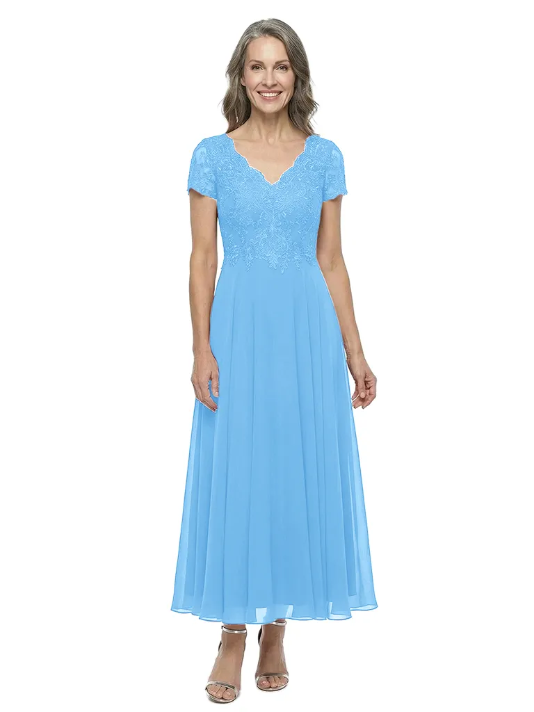 ChicSew V-Neck Short Sleeve Lace Applique Ruched Waist Tea Length Chiffon Elegant Mother of the Bride Dresses sold by ChicSew product image thumbnail 5