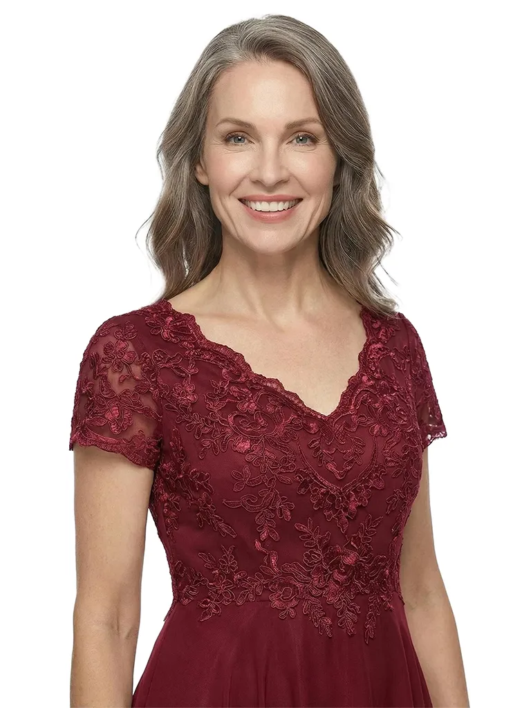 ChicSew V-Neck Short Sleeve Lace Applique Ruched Waist Tea Length Chiffon Elegant Mother of the Bride Dresses sold by ChicSew product image thumbnail 2