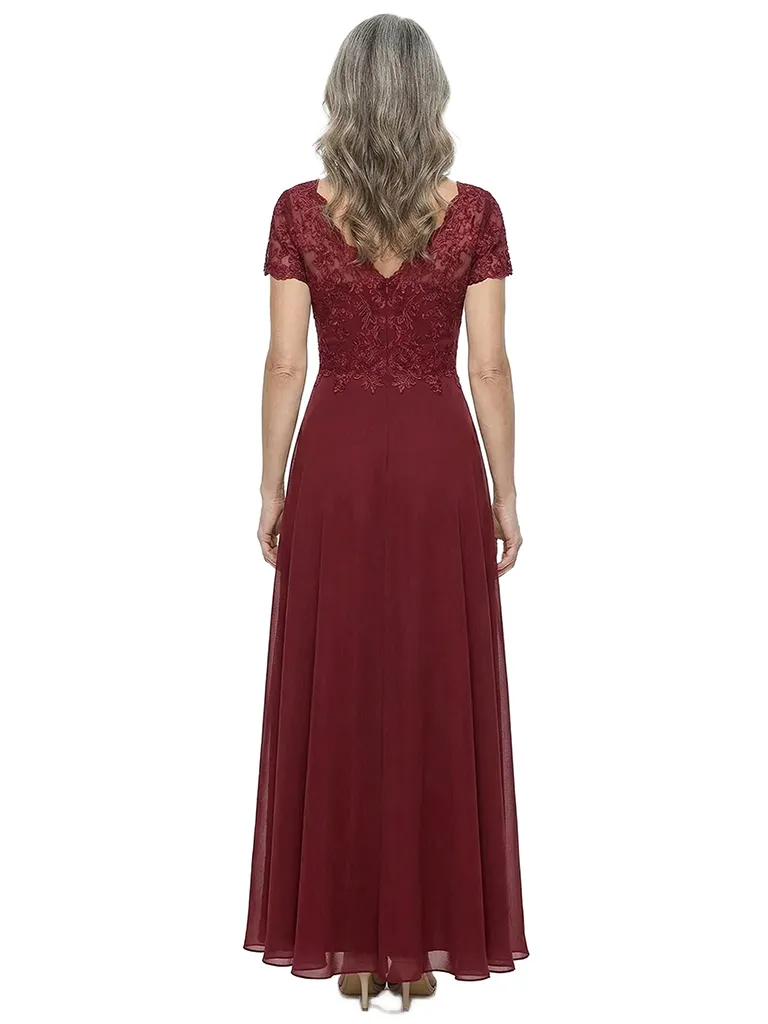 ChicSew V-Neck Short Sleeve Lace Applique Ruched Waist Tea Length Chiffon Elegant Mother of the Bride Dresses sold by ChicSew product image thumbnail 3