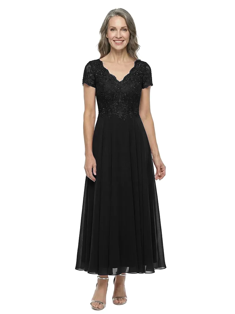 ChicSew V-Neck Short Sleeve Lace Applique Ruched Waist Tea Length Chiffon Elegant Mother of the Bride Dresses sold by ChicSew product image thumbnail 4