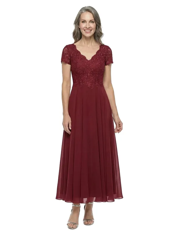 ChicSew V-Neck Short Sleeve Lace Applique Ruched Waist Tea Length Chiffon Elegant Mother of the Bride Dresses made by ChicSew