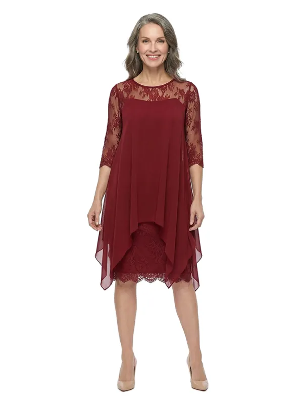 ChicSew Jewel 3/4 Sleeve Lace Overlay Asymmetrical Hem Chiffon Knee Length Mother of the Bride Dresses made by ChicSew