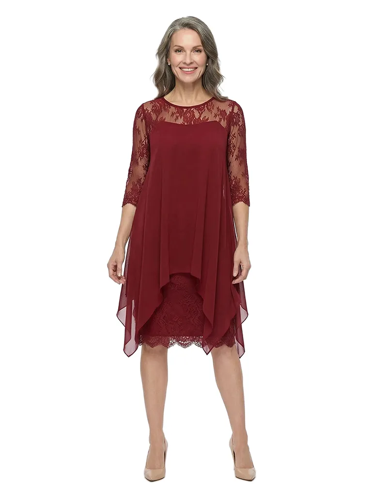 ChicSew Jewel 3/4 Sleeve Lace Overlay Asymmetrical Hem Chiffon Knee Length Mother of the Bride Dresses sold by ChicSew