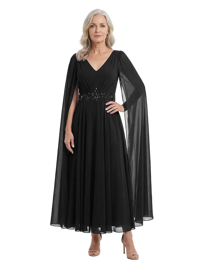ChicSew V-Neck Cape Sleeve Beaded Detail Tea Length Chiffon Formal Mother Of The Bride Groom Dresses sold by ChicSew product image thumbnail 4