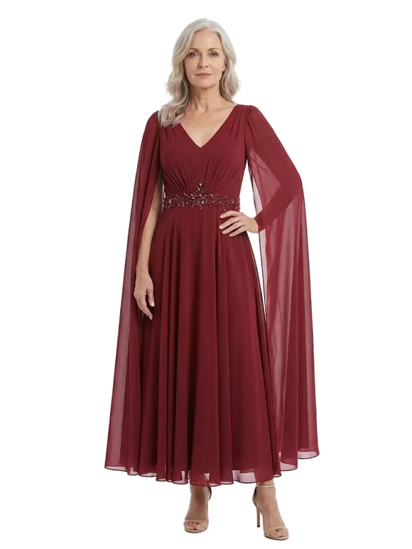 ChicSew V-Neck Cape Sleeve Beaded Detail Tea Length Chiffon Formal Mother Of The Bride Groom Dresses made by ChicSew
