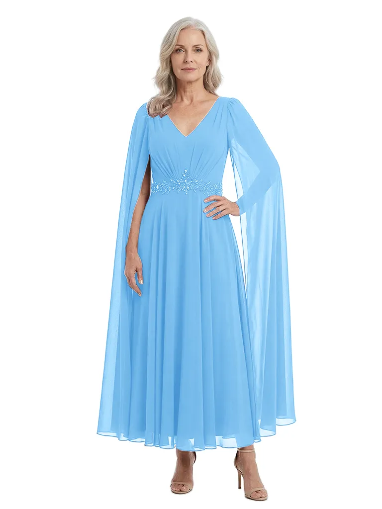 ChicSew V-Neck Cape Sleeve Beaded Detail Tea Length Chiffon Formal Mother Of The Bride Groom Dresses sold by ChicSew product image thumbnail 5