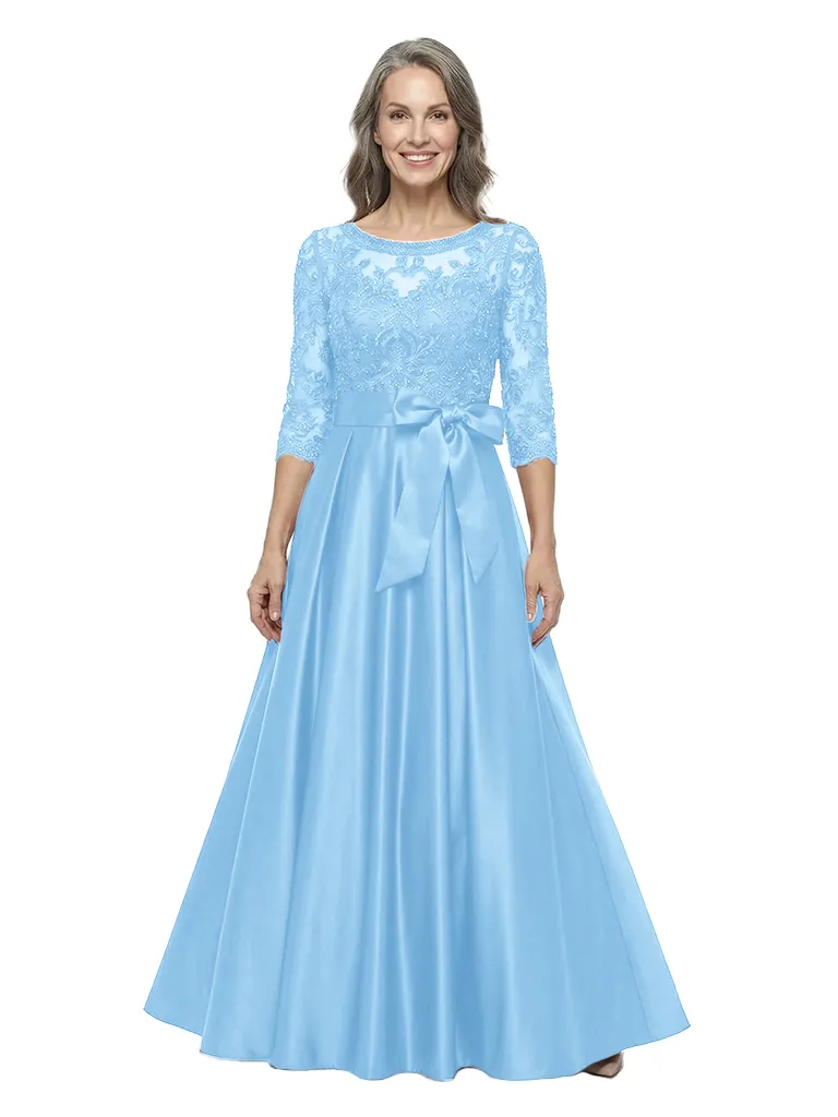ChicSew Scoop 3/4 Sleeve Lace Applique Bow Waist Floor Length Satin Mother of the Bride Dresses sold by ChicSew product image thumbnail 5